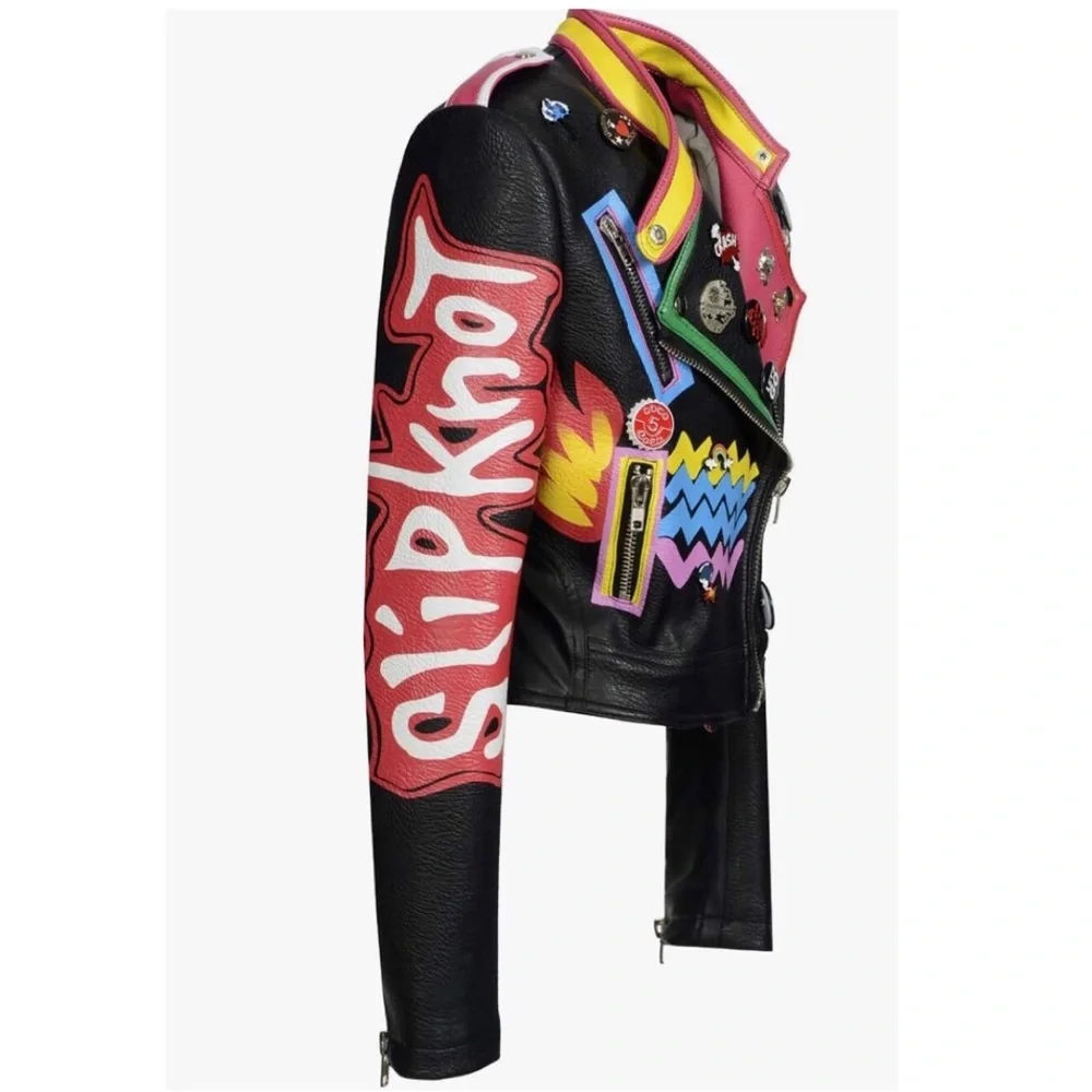 SX Honey Pot Black Faux Vegan Leather Jacket Slipknot Graffiti Punk Moto NWT XS - Picture 2 of 10